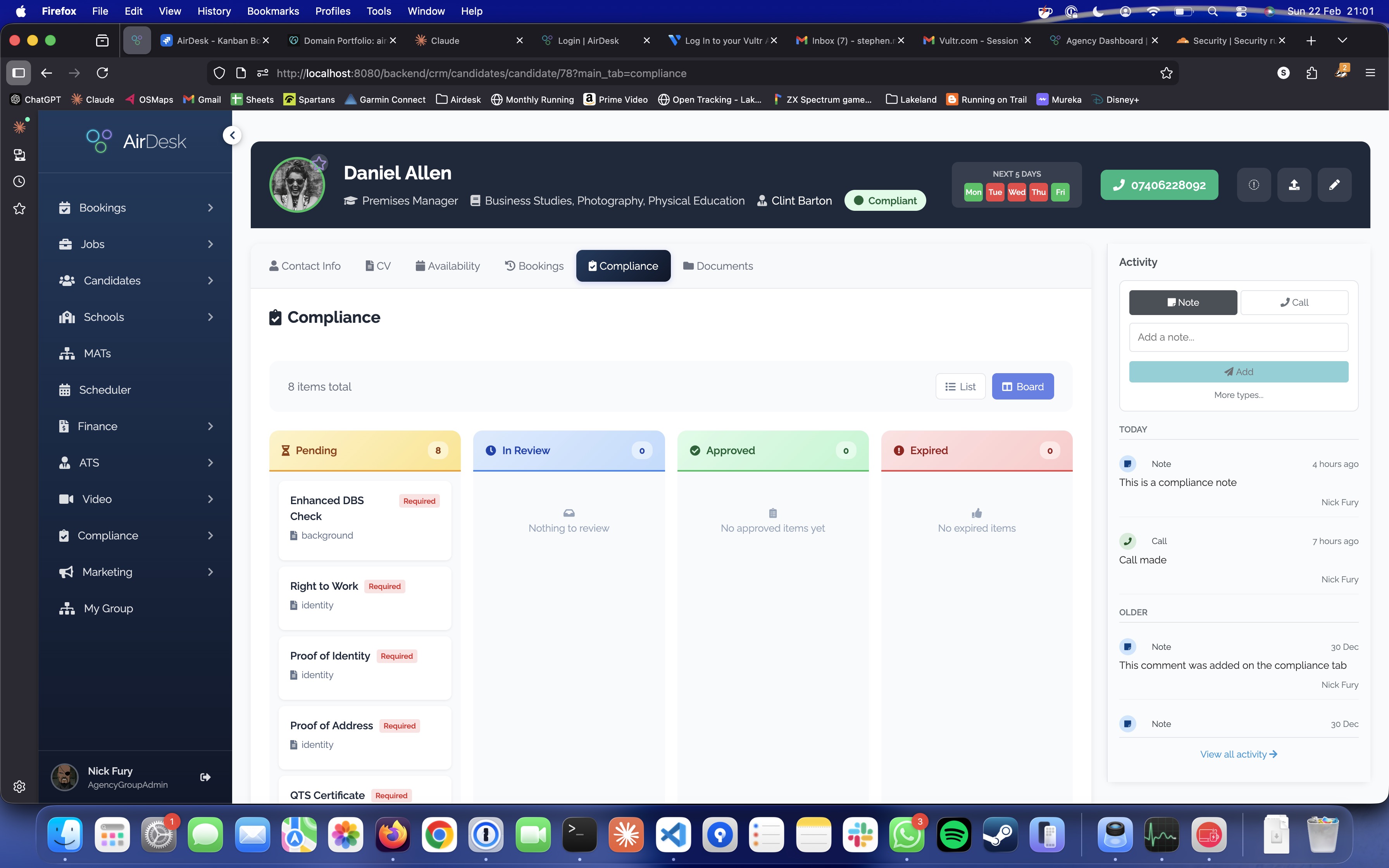 Candidate compliance view — Daniel Allen's compliance Kanban board with DBS, Right to Work, and QTS tracking